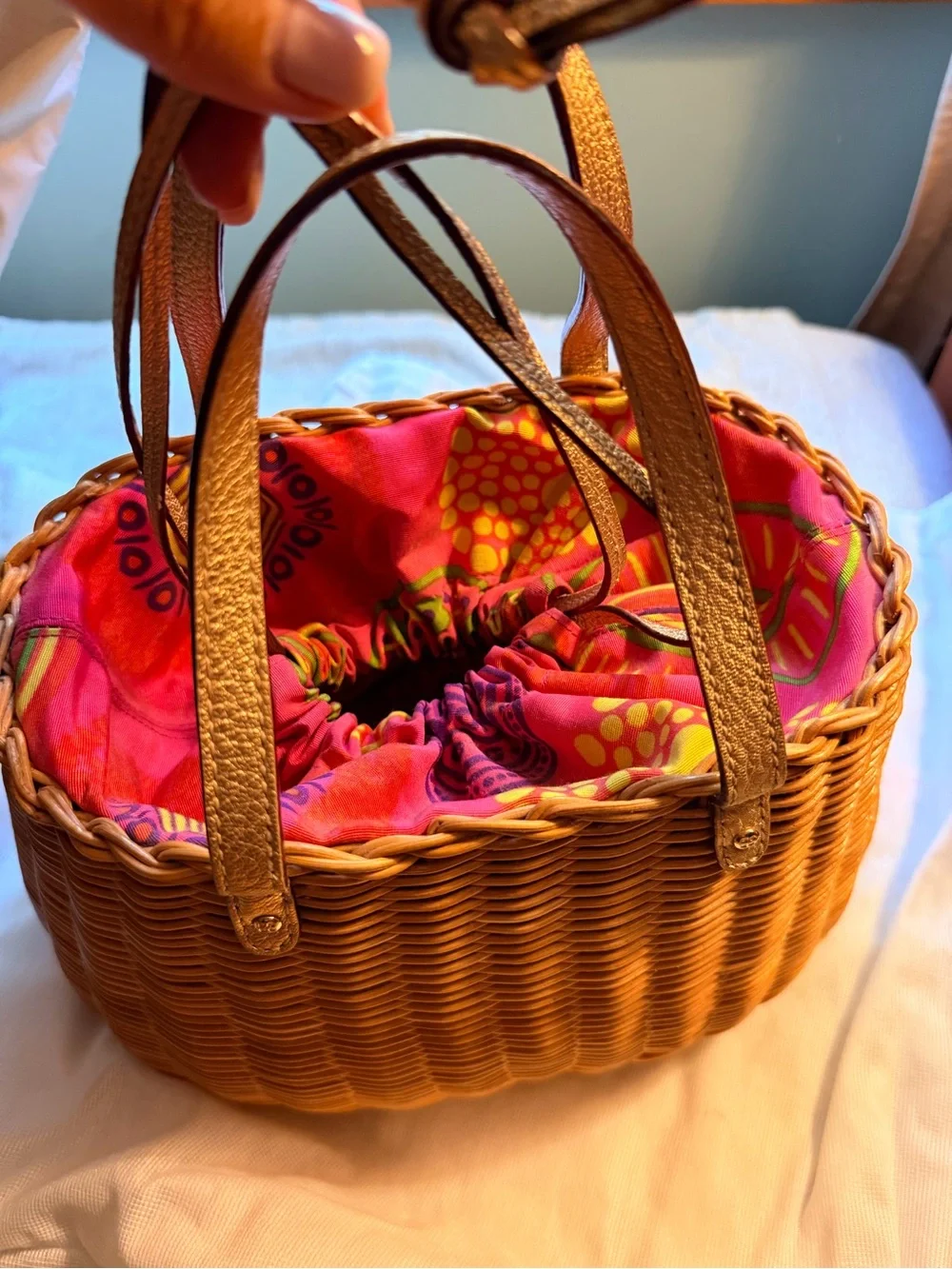 VINTAGE kate spade cozumel oval basket with Pink Patterned Liner &Gold Handles